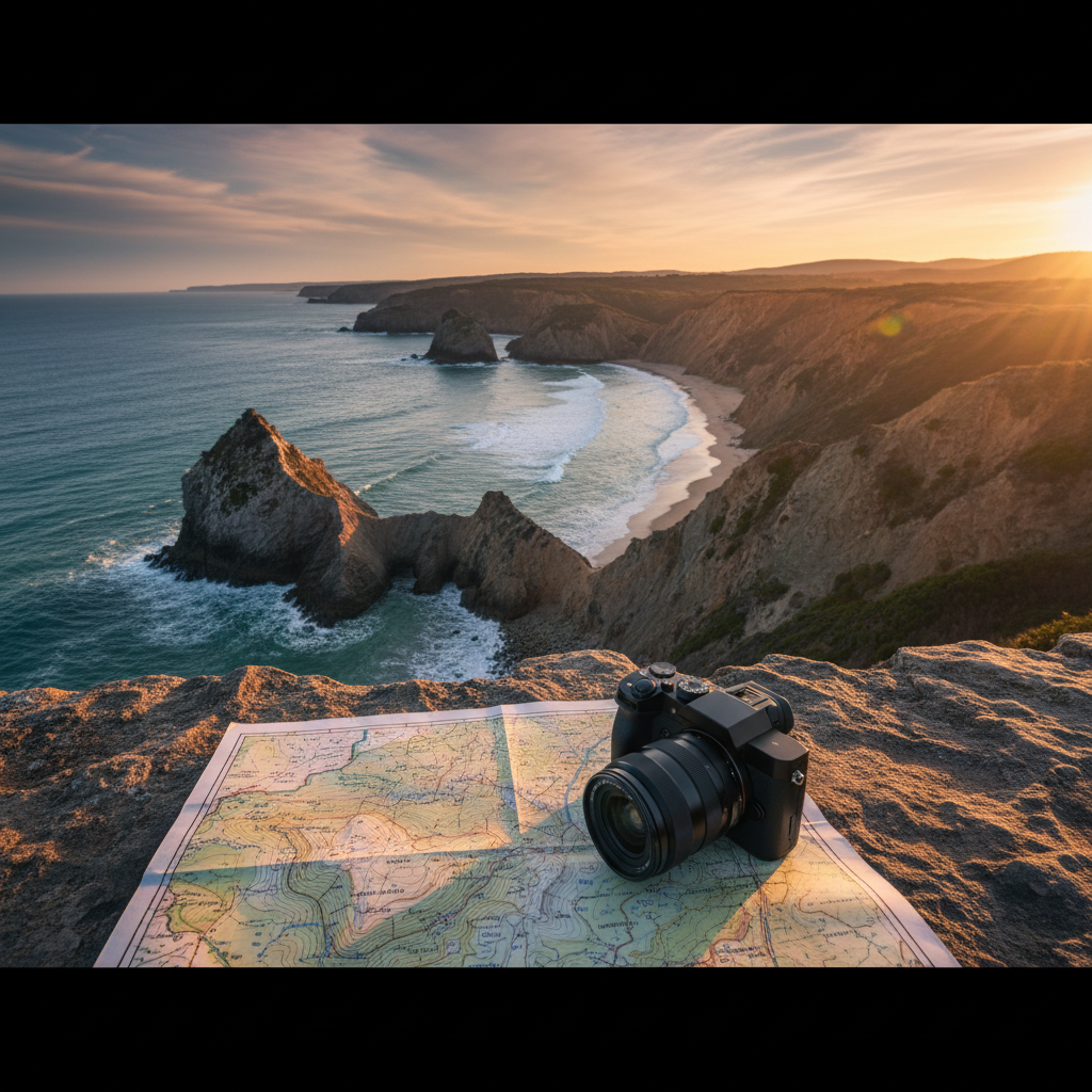 A panoramic photographic view of a dramatic coastal destination at golden hour, captured from a high vantage point. In the foreground, a weathered stone ledge holds a detailed, unfolded topographic map and a compact, high-end mirrorless camera with a matte black body and a wide-angle lens facing outward. The coastline curves into the distance, cliffs meeting turquoise water with gentle surf. Warm, low sunlight grazes the cliffs, casting long shadows and giving depth to the terrain. The composition uses the rule of thirds, placing the gear in the lower frame and the sweeping landscape above. The mood is adventurous yet refined, ideal for a destination ideas feature.