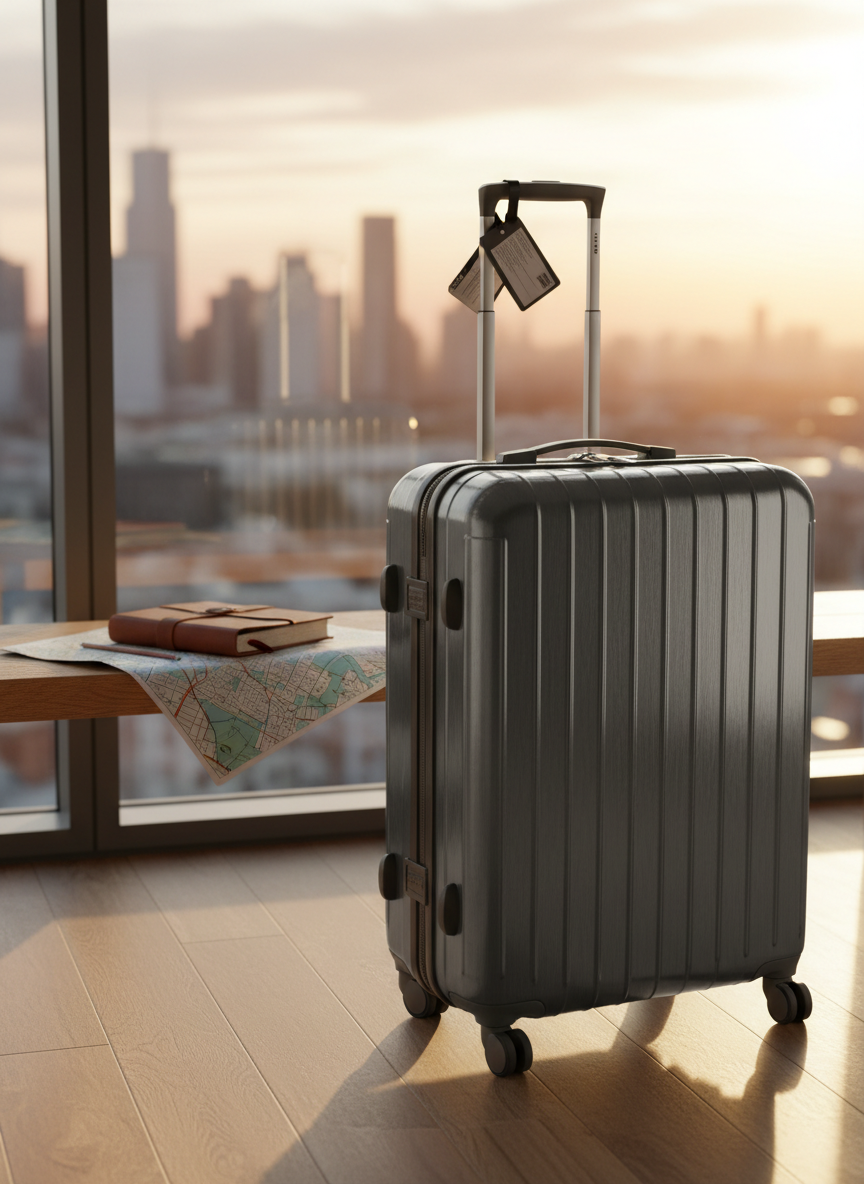 A sleek dark-gray hard-shell suitcase with subtle metallic sheen, extended telescopic handle, and discreet airline tags, standing beside a well-worn leather travel journal and a folded city map. They rest on a light oak hotel room bench near a large window overlooking a softly blurred skyline. Late afternoon natural light streams in, creating clean highlights on the suitcase’s ridges and gentle shadows along the floor. Shot at eye level with a shallow depth of field, the composition follows the rule of thirds, emphasizing readiness to depart. The mood is professional, aspirational, and organized. Photographic realism with a clean, modern travel aesthetic that suits a polished, expert travel blog hero image.