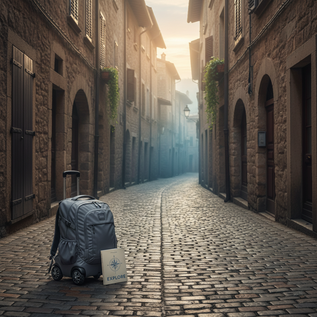 A narrow cobblestone alleyway in an old European town at early morning, completely empty, with closed wooden shutters and stone archways on either side. In the foreground, a sturdy graphite-gray rolling backpack with reinforced wheels rests beside a small, folded city guidebook with a minimalist cover. Soft, cool dawn light filters between the buildings, casting long, gentle shadows and a faint misty haze at the far end of the alley. Shot at street level with a slightly leading-line composition that draws the eye deeper into the frame, the mood is quietly adventurous and contemplative. Photographic realism with a subtle, cinematic tone supports thoughtful destination exploration content.