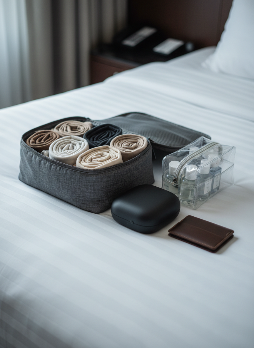 A detailed close-up of a compact, premium carry-on essentials layout on a hotel bed with crisp white linen. A charcoal-gray packing cube is unzipped to reveal neatly rolled neutral-toned clothing, beside a sleek black noise-canceling headphone case, a minimalist clear toiletry bag with travel-size bottles, and a slim, dark leather card wallet. The soft, cool-toned ambient lighting from a nearby window creates gentle gradients in the fabric and subtle shadows in the folds of the bedding. Captured from a slightly elevated angle with shallow depth of field, the focus is on efficiency and order. The mood is practical, polished, and professional, perfect for illustrating smart packing tips for frequent travelers.