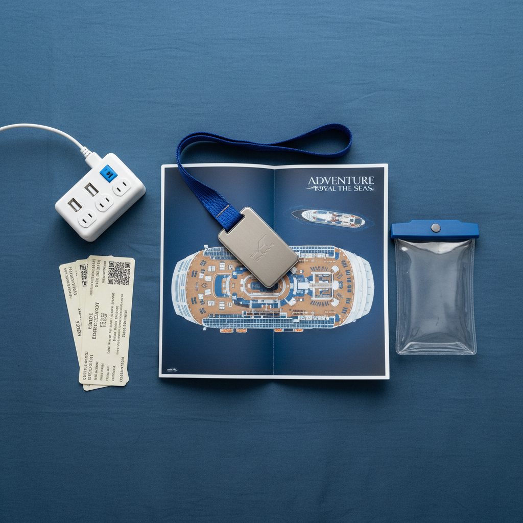 A meticulous flat lay of cruise-specific items arranged on a lightly textured navy-blue surface. A detailed, glossy deck plan of a modern cruise ship lies open, with a brushed metal keycard lanyard placed diagonally across it. Nearby sits a compact white power strip with multiple USB ports, a tidy stack of folded shore excursion tickets, and a slim waterproof phone pouch with clear plastic front. Overhead, evenly diffused lighting removes harsh shadows and keeps focus sharp across the scene. The color palette is cool blues, whites, and metallic accents, creating a clean, organized, professional mood tailored to expert cruise preparation advice.