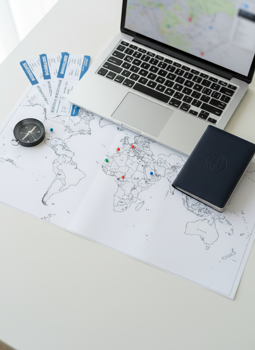 An overhead, photographic view of a neatly arranged travel planning workspace on a matte white desk. A slim silver laptop displays a faint, out-of-focus map on its screen, beside a modern black compass, a stack of crisp boarding passes, and a sleek navy-blue passport cover. A minimalist world map poster is partially visible beneath, with colored pins marking destinations. Soft, diffused daylight from an unseen window creates even lighting with very subtle shadows, emphasizing clarity and organization. The composition is balanced with negative space for text overlay, sharp focus across the frame. The mood is calm, strategic, and professional, ideal for illustrating thoughtful travel tips and planning advice.