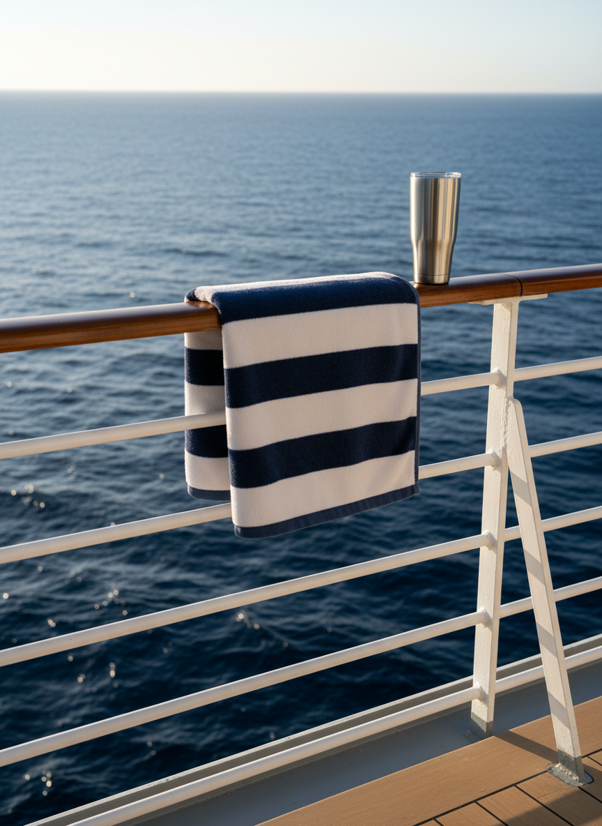 A sunlit cruise ship balcony railing in crisp white metal, with a perfectly folded navy-and-white striped beach towel draped over it and a polished stainless-steel travel tumbler resting on the ledge. Beyond, the deep blue ocean stretches to the horizon, captured in photographic realism with subtle ripples catching the light. Early morning golden light bathes the scene, casting long, soft shadows and a warm glow on the rail and towel. Shot from a slightly low angle, framing the railing in the foreground and the vast sea beyond, the mood is serene, sophisticated, and quietly luxurious, ideal for conveying expert cruise advice and relaxed seafaring escapes.