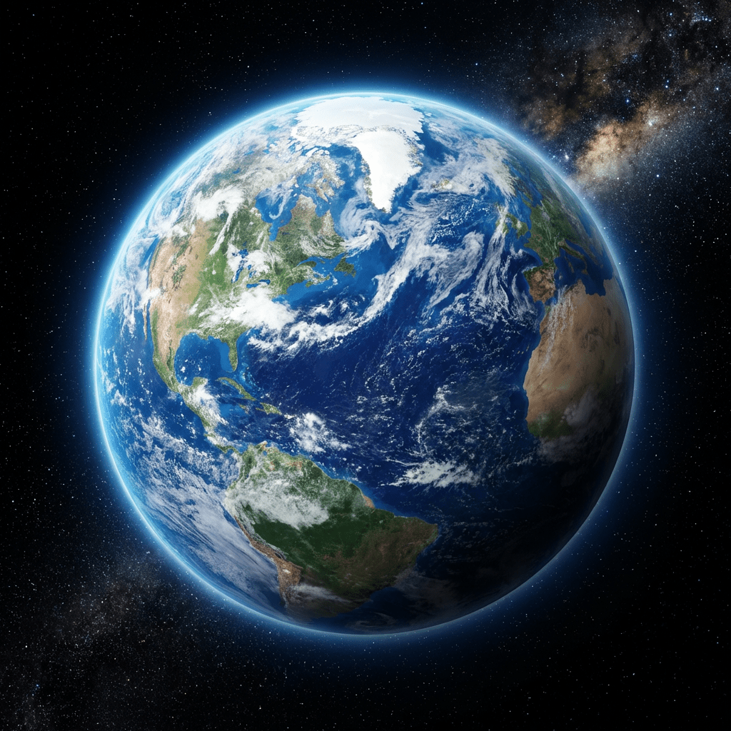 Planet Earth from space showing the Americas, Africa, Europe, and swirling white clouds.