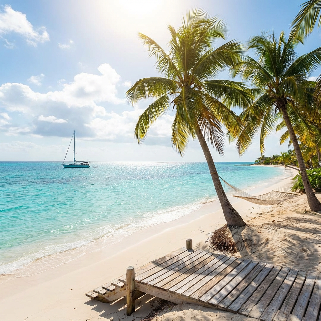 A white sand beach featuring palm trees, a hammock, and a sailboat on turquoise water.