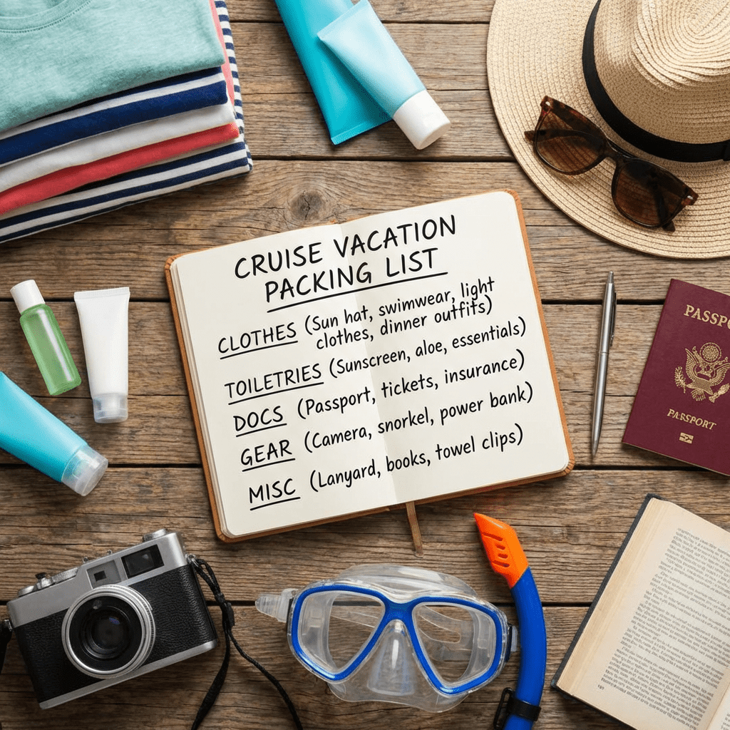 CRUISE VACATION PACKING LIST notebook listing CLOTHES, TOILETRIES, DOCS, GEAR, and MISC surrounded by travel gear.