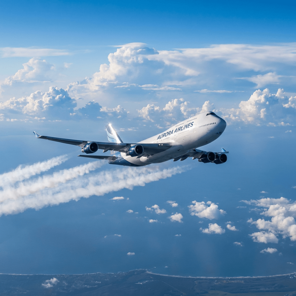 Aurora Airlines Boeing 747 flying over clouds and sea with white contrails
