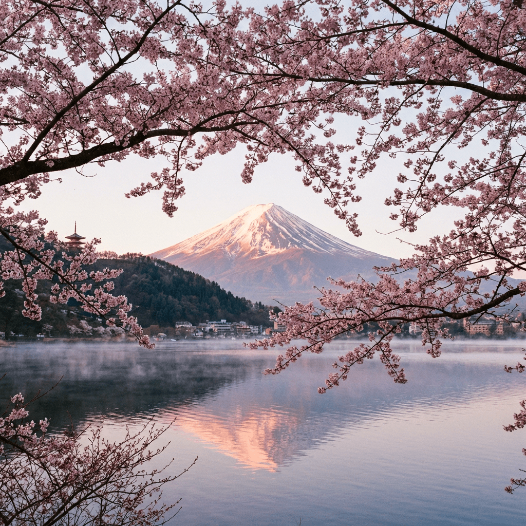 Mount Fuji framed by pink cherry blossoms over a misty lake with its reflection.