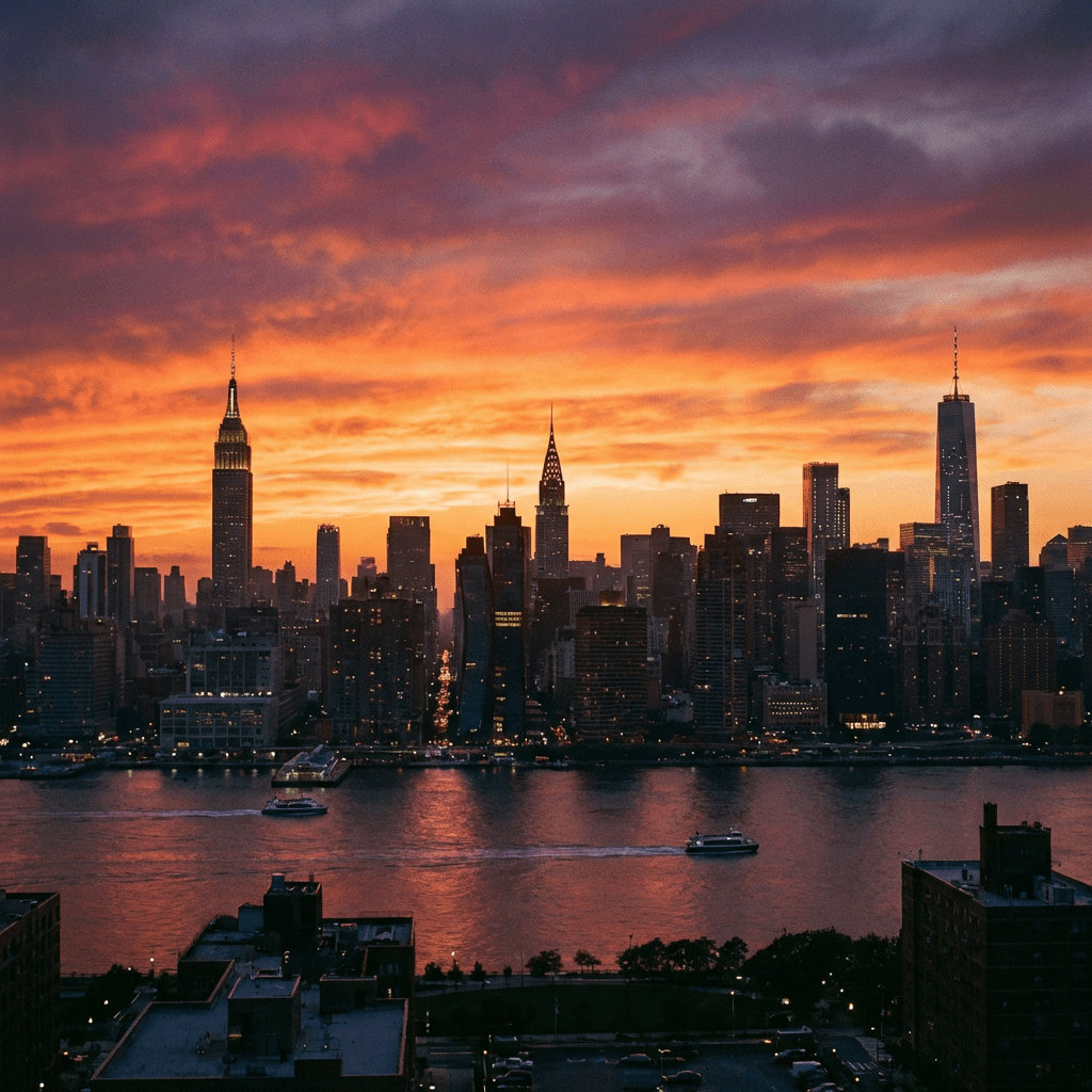 Manhattan skyline silhouettes against a vibrant orange and purple sunset over the water.