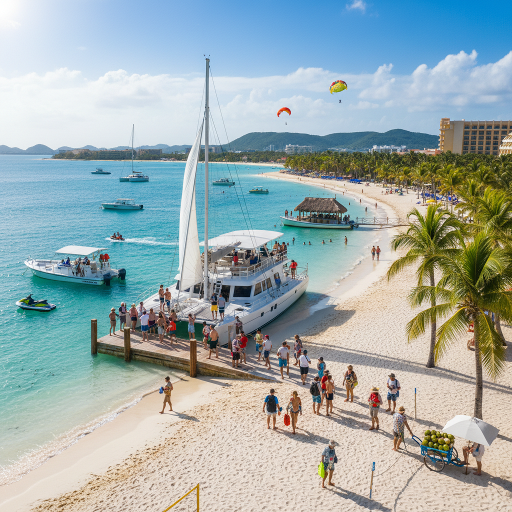 White catamaran docked at a crowded tropical beach with clear blue water and palm trees.