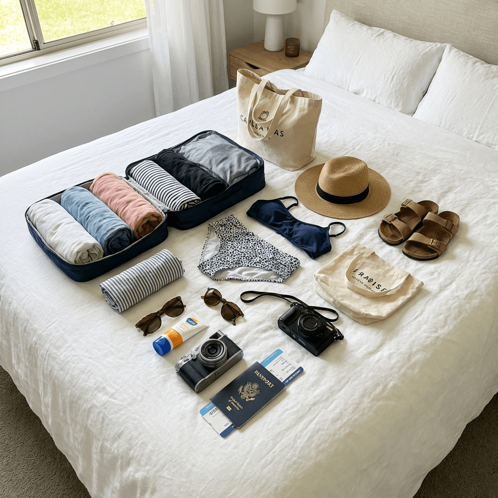 Travel essentials including clothes in packing cubes, cameras, passport, and beach gear on a white bed.