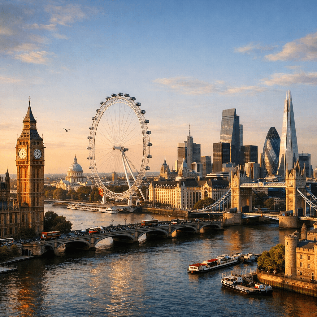 London skyline with Big Ben, the London Eye, Tower Bridge, and city skyscrapers at sunset
