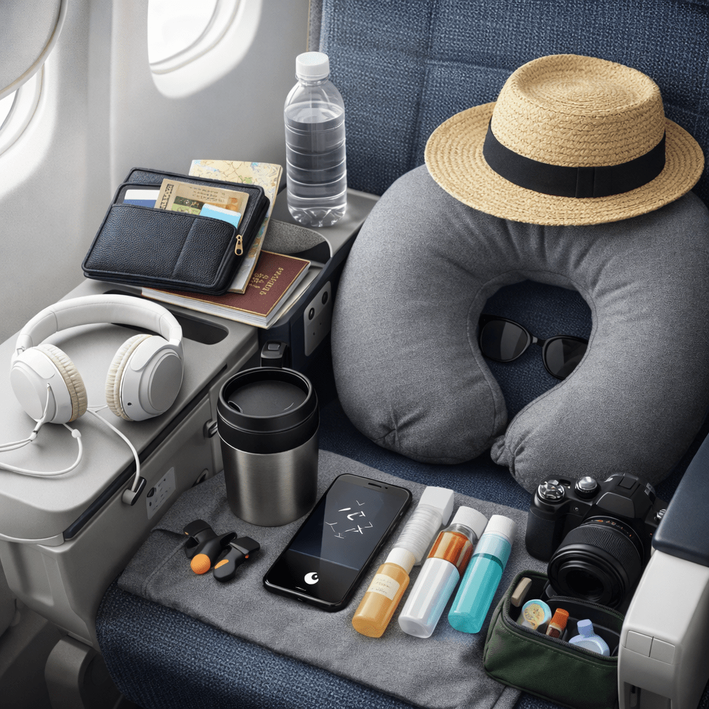 Travel essentials including neck pillow, sunglasses, hat, camera, phone, headphones, water bottle, and toiletries on airplane seat