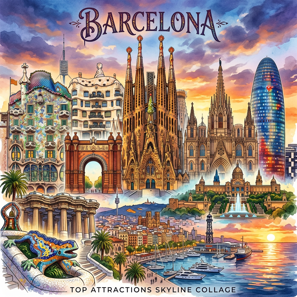 Collage of Barcelona landmarks including Sagrada Familia, Casa Batlló, Arc de Triomf, and waterfront marina