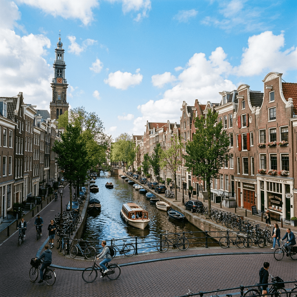 Amsterdam canal lined with historic buildings and people biking
