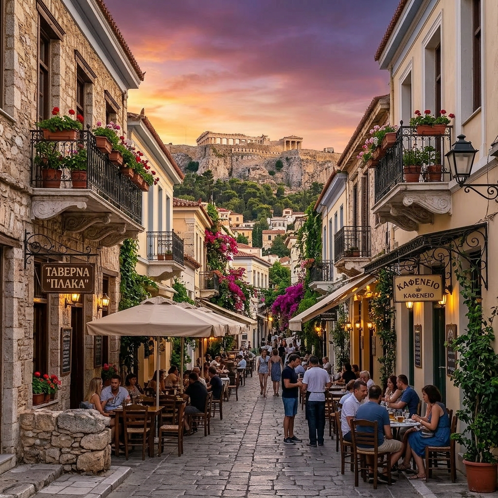 Collage of ten illustrated Athens landmarks and activities with titles