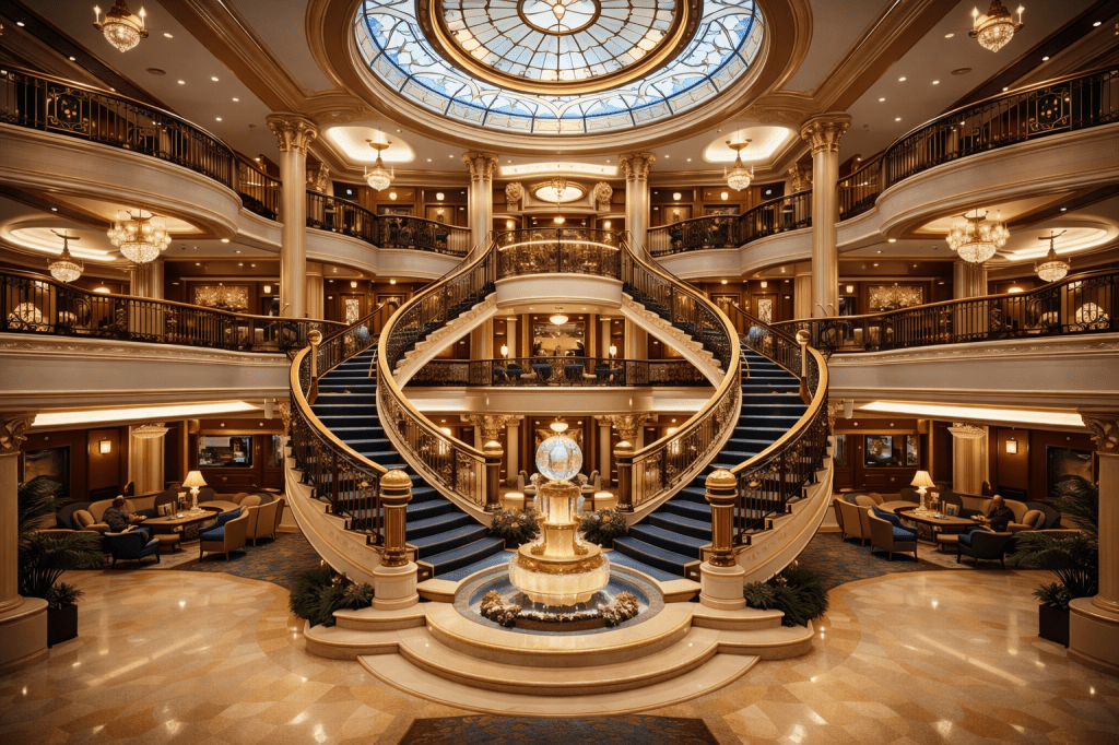 Luxury hotel room with ornate wooden paneling, blue and gold furnishings, and balcony with ocean view