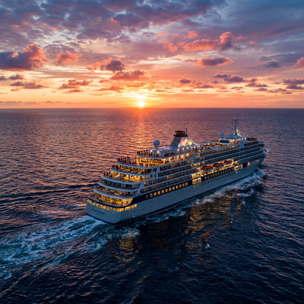 Cruise ship moving through calm ocean waters at sunset with colorful clouds