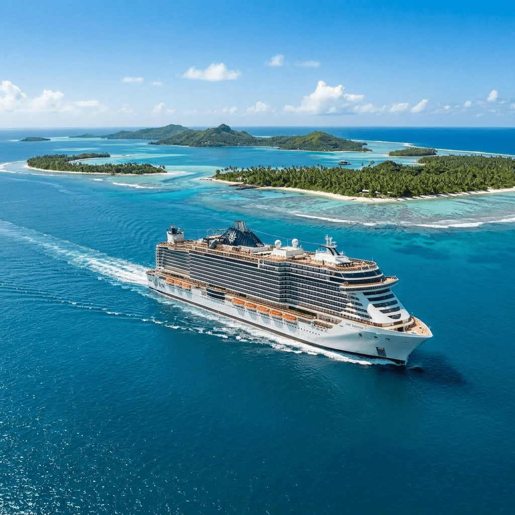 Large illuminated cruise ship sailing on ocean at sunset