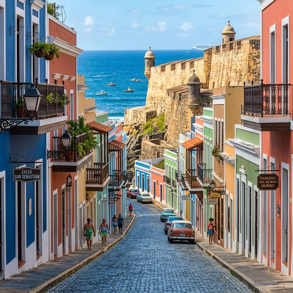 Collage of San Juan shore excursions including beach kayaking, El Morro fortress, rainforest waterfall, rum tasting, and snorkeling tours.