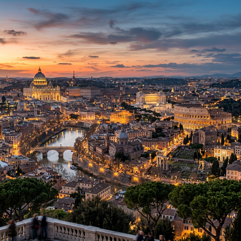 Panoramic view of Rome at sunset featuring the Colosseum, St. Peter's Basilica, and Tiber River
