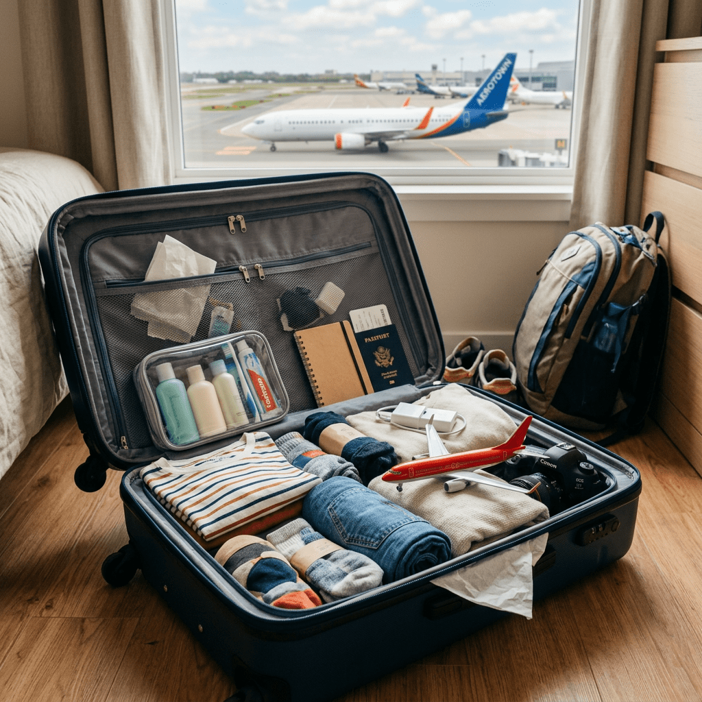 Open suitcase with clothes, toiletries, passport and camera by airport window with airplane outside
