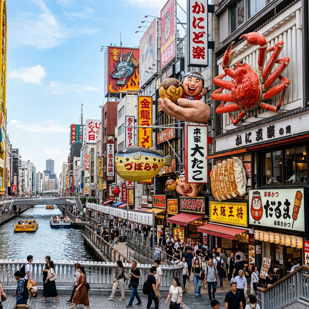 Busy street with colorful food signs and decorations beside a canal in Dotonbori, Osaka