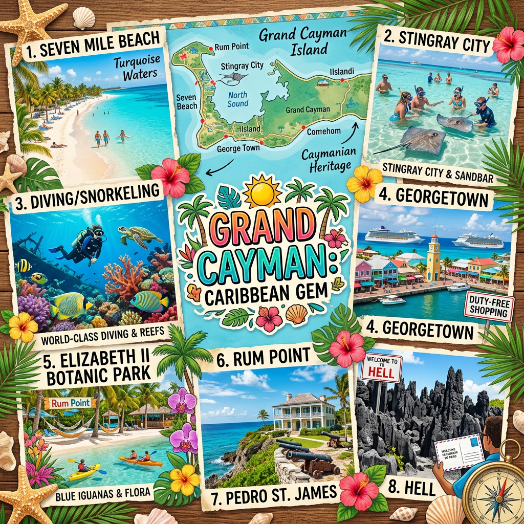 Map of Grand Cayman Island showing key attractions including Seven Mile Beach, Stingray City, snorkeling, Georgetown, Elizabeth II Botanic Park, Rum Point, Pedro St. James, and Hell