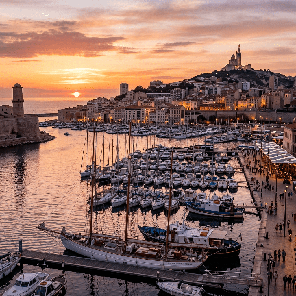 Sunset view of Marseille Old Port with numerous boats docked and people walking along the harbor