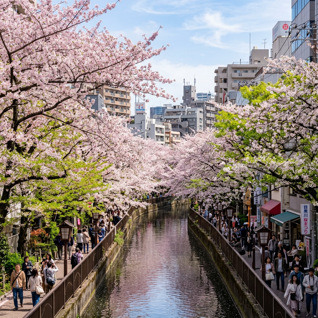 Cherry blossom trees in full bloom lining a river with pedestrians walking on both sides