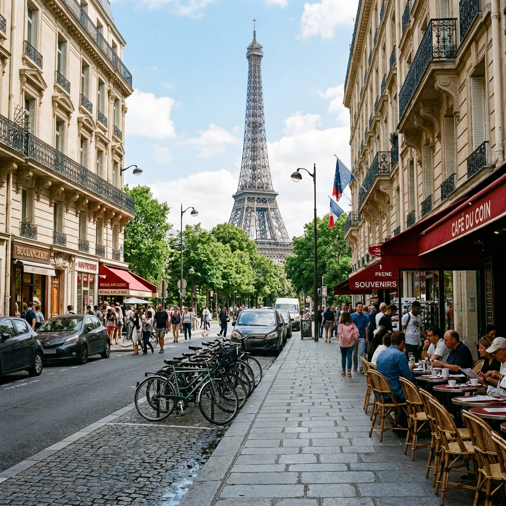 Busy Paris street with Eiffel Tower, cafés, shops, bicycles, and pedestrians
