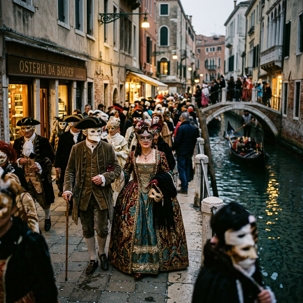 Masked Carnival participants walking beside a Venetian canal and bridge