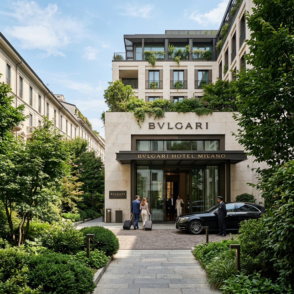 Bvlgari Hotel Milano entrance with guests, valet, and black luxury car