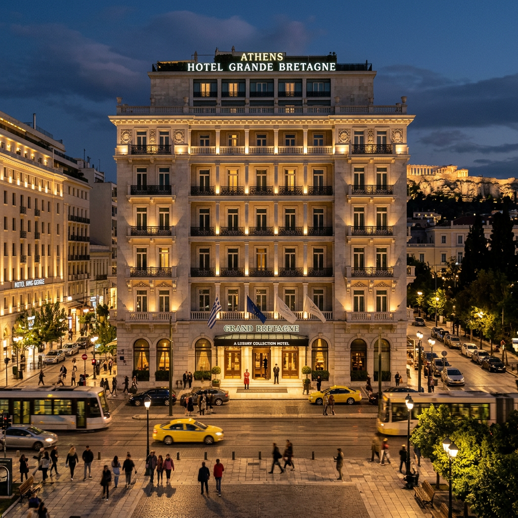 Illuminated Hotel Grande Bretagne in Athens with Acropolis behind