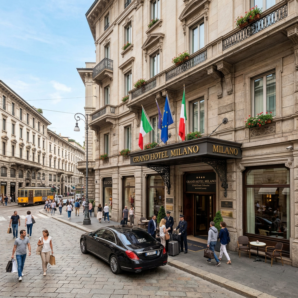 Grand Hotel Milano entrance with Italian and European Union flags
