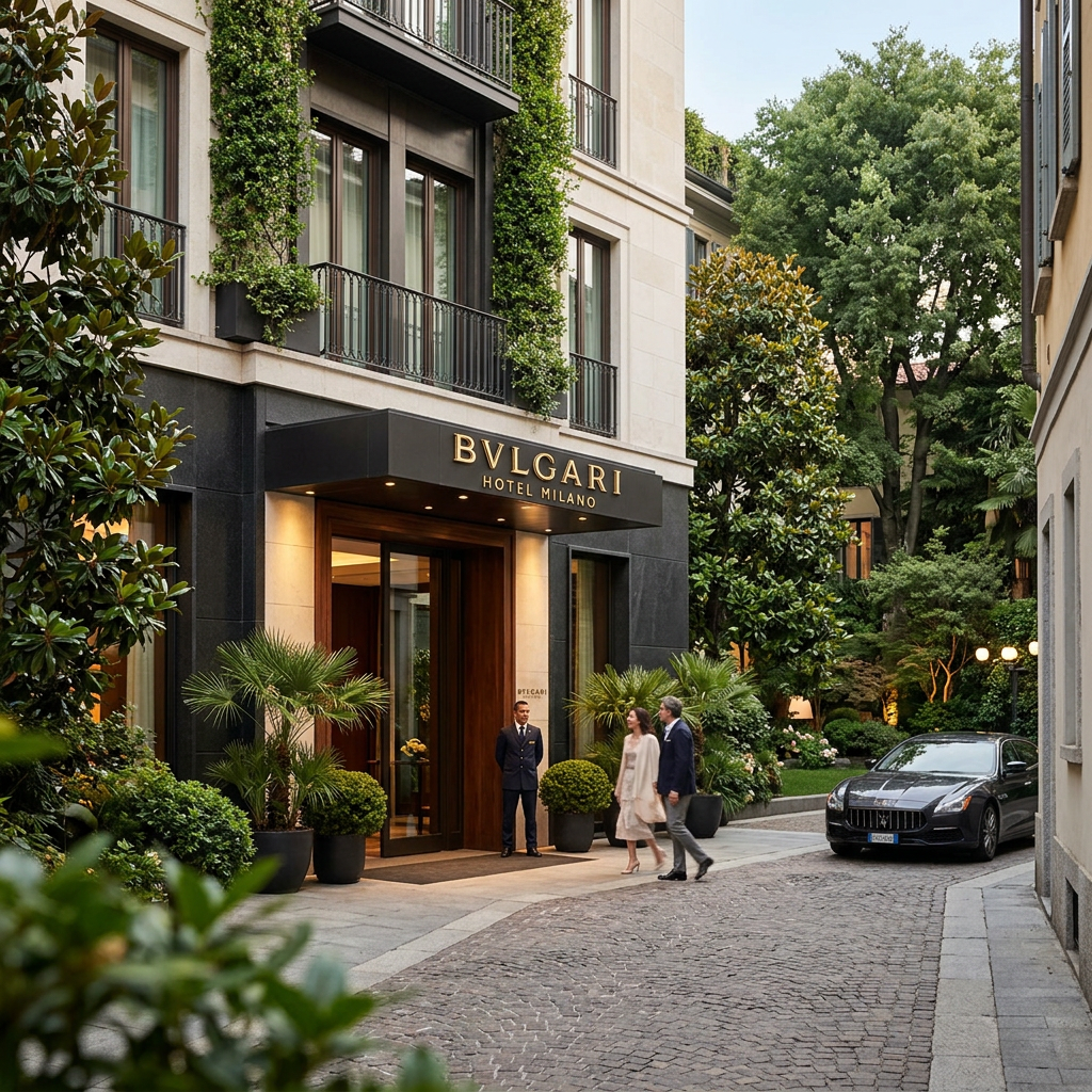 Bulgari Hotel Milano entrance with guests and a luxury car