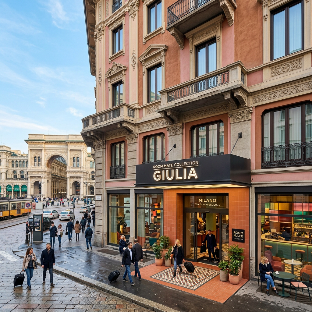 Room Mate Collection Giulia hotel entrance in Milano, beside Galleria Vittorio Emanuele II