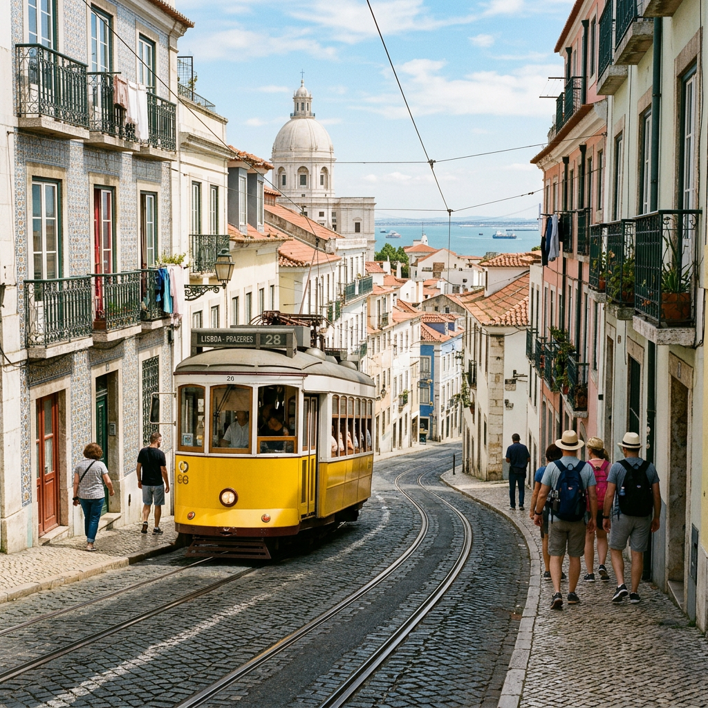 Yellow Lisbon Tram 28 descending a cobbled street toward the waterfront