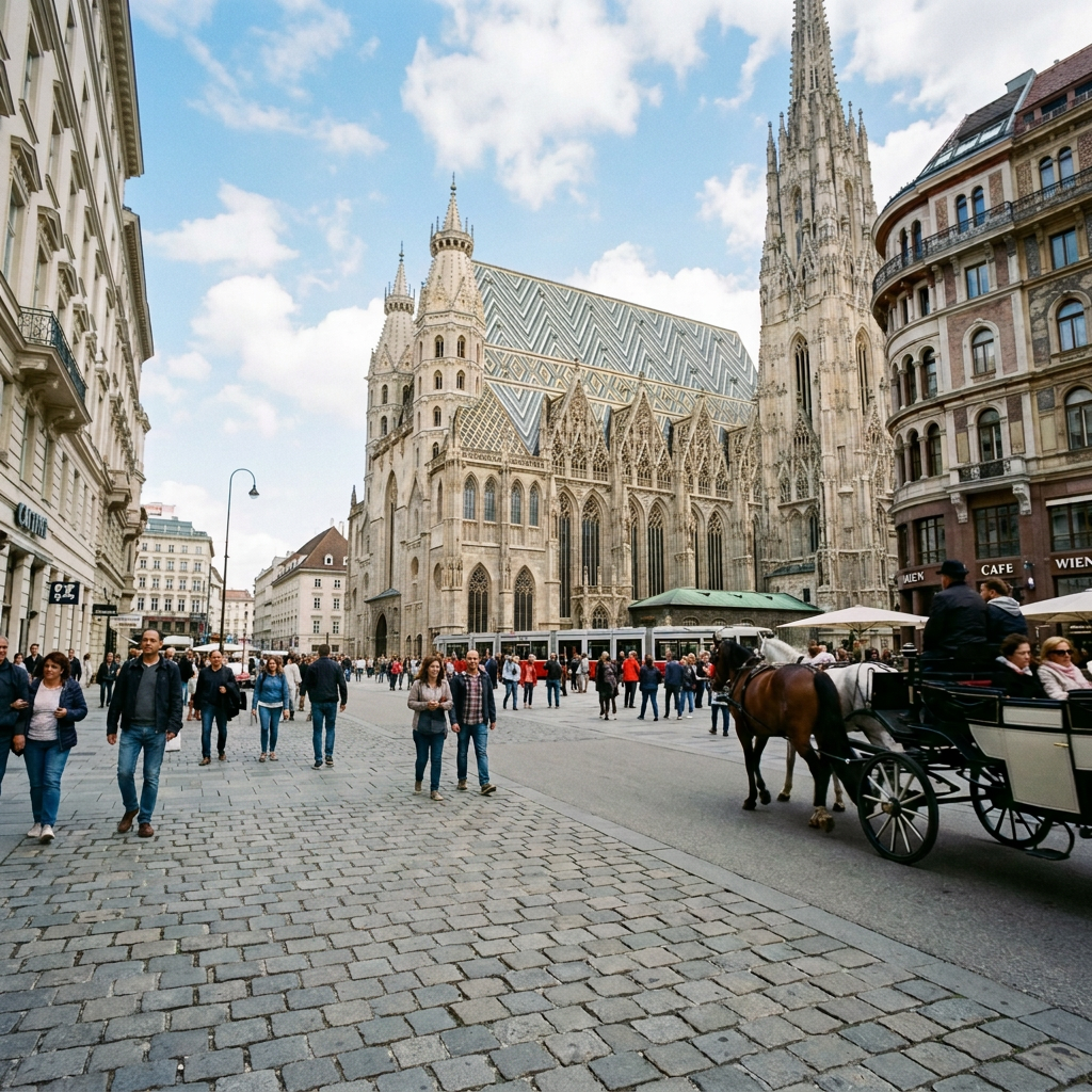 Traveler viewing St. Stephen’s Cathedral and a horse-drawn carriage in Vienna