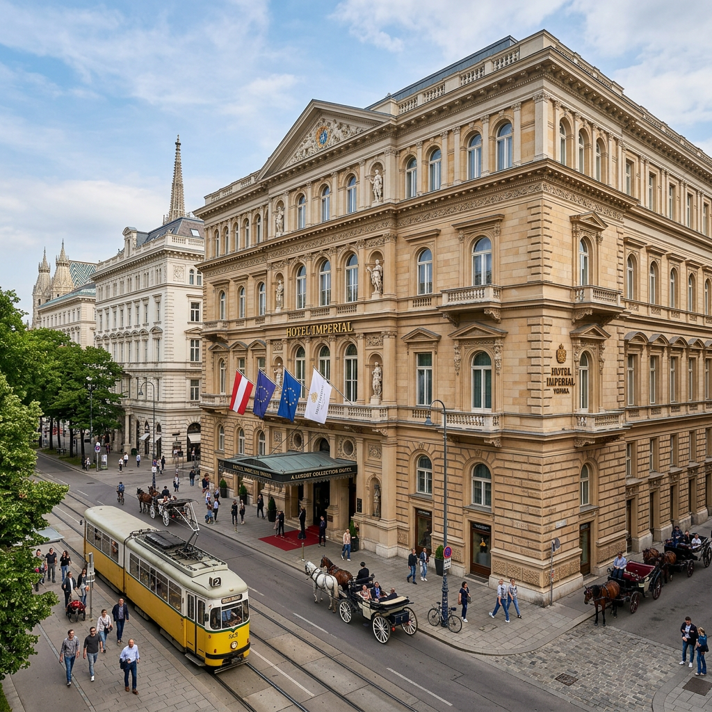 Hotel Imperial Vienna with tram, flags, pedestrians, and horse-drawn carriages