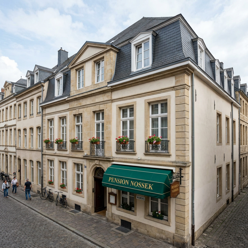 Pension Nossek guesthouse with green awning on a cobblestone street