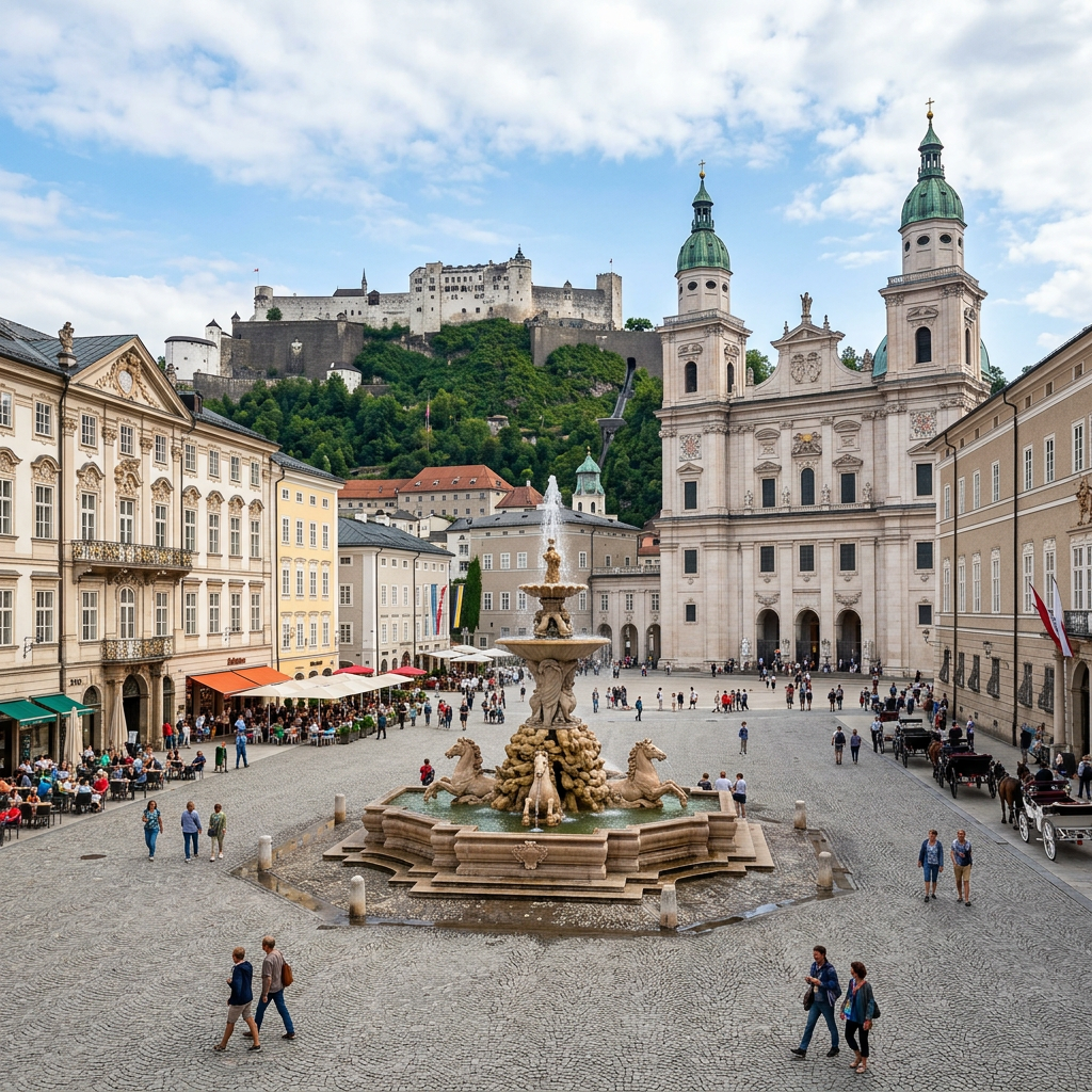 Salzburg’s Residenzplatz with an ornate fountain, cathedral, and Hohensalzburg Fortress