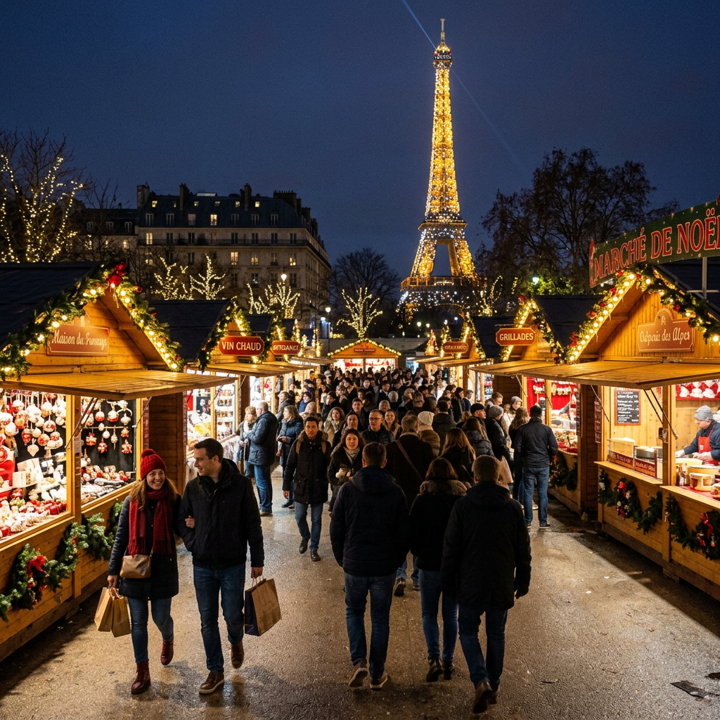 Crowded Paris Christmas market with illuminated Eiffel Tower and wooden holiday stalls