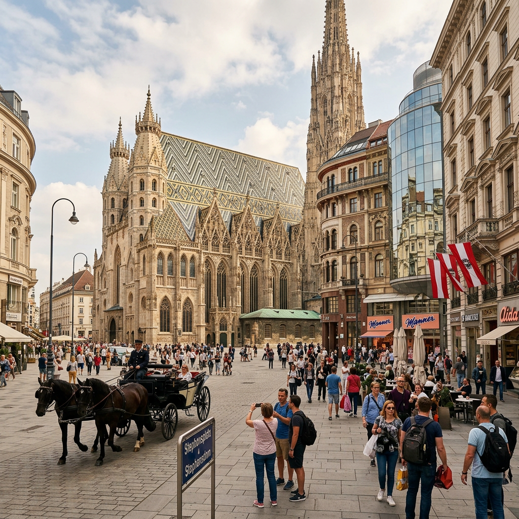 St. Stephen’s Cathedral and horse-drawn carriage in busy Vienna square