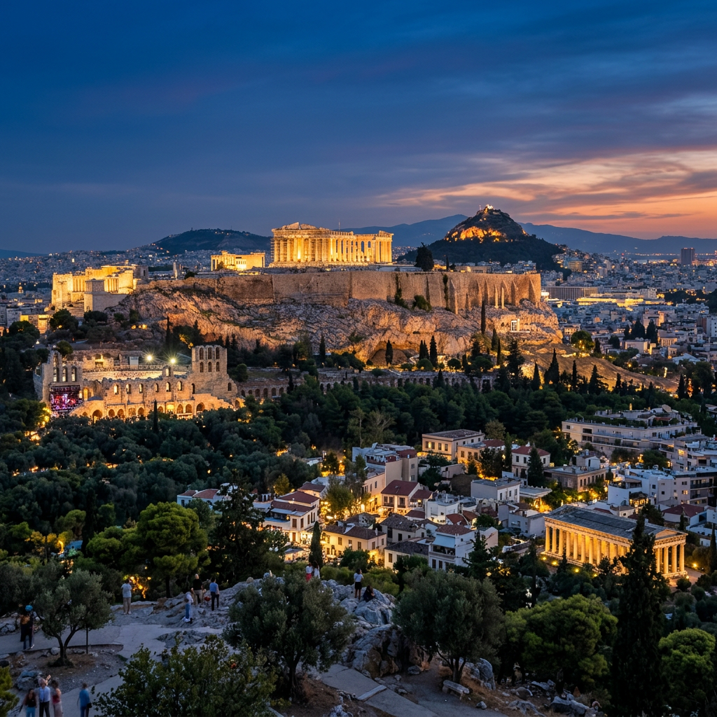 Illuminated Acropolis overlooking Athens at twilight