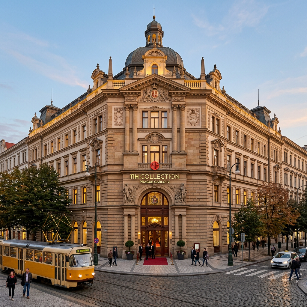 Ornate NH Collection Prague Carlo IV hotel beside a yellow tram