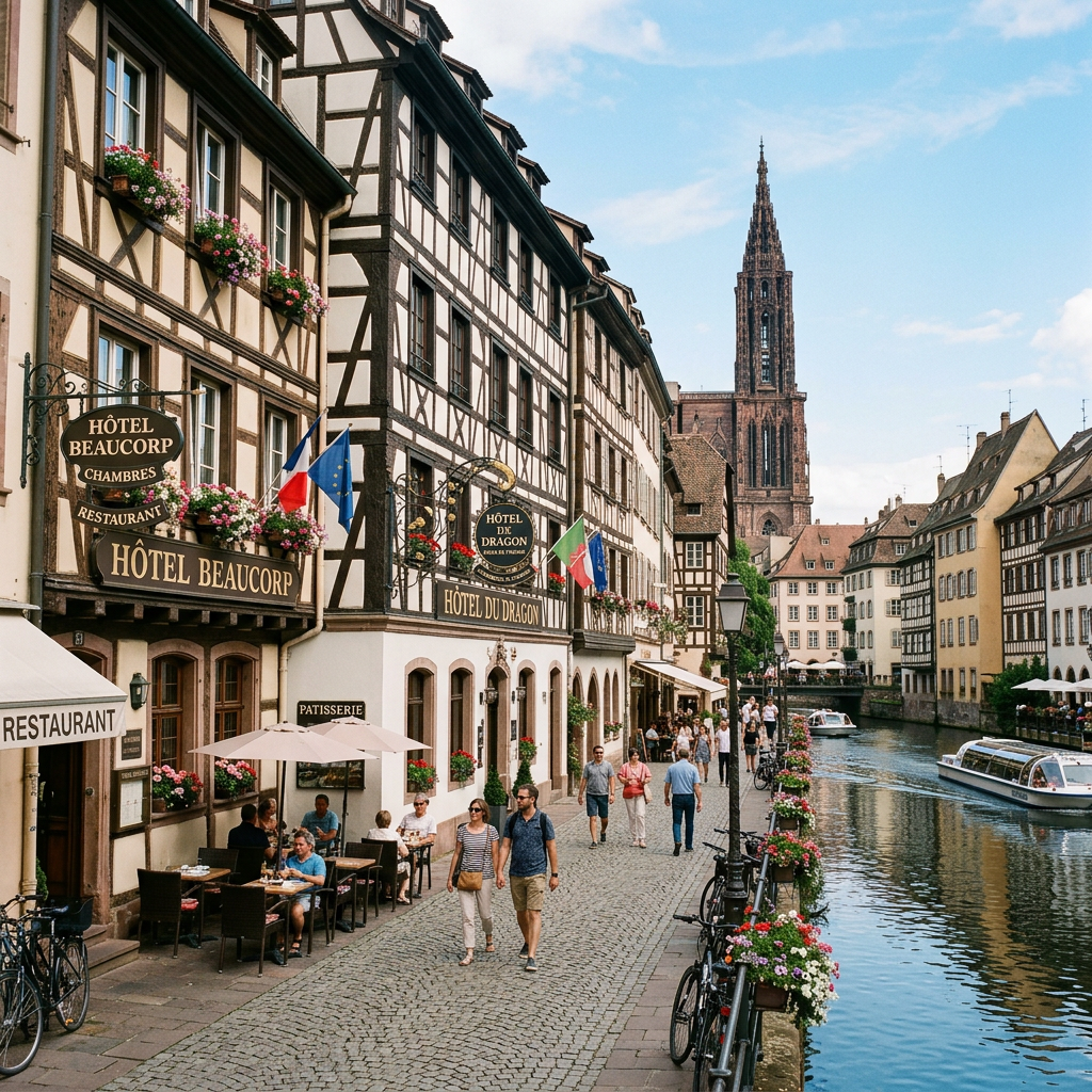 Strasbourg canal street with Hôtel Beaucour, Hôtel du Dragon, restaurants, pedestrians, boats, and cathedral tower