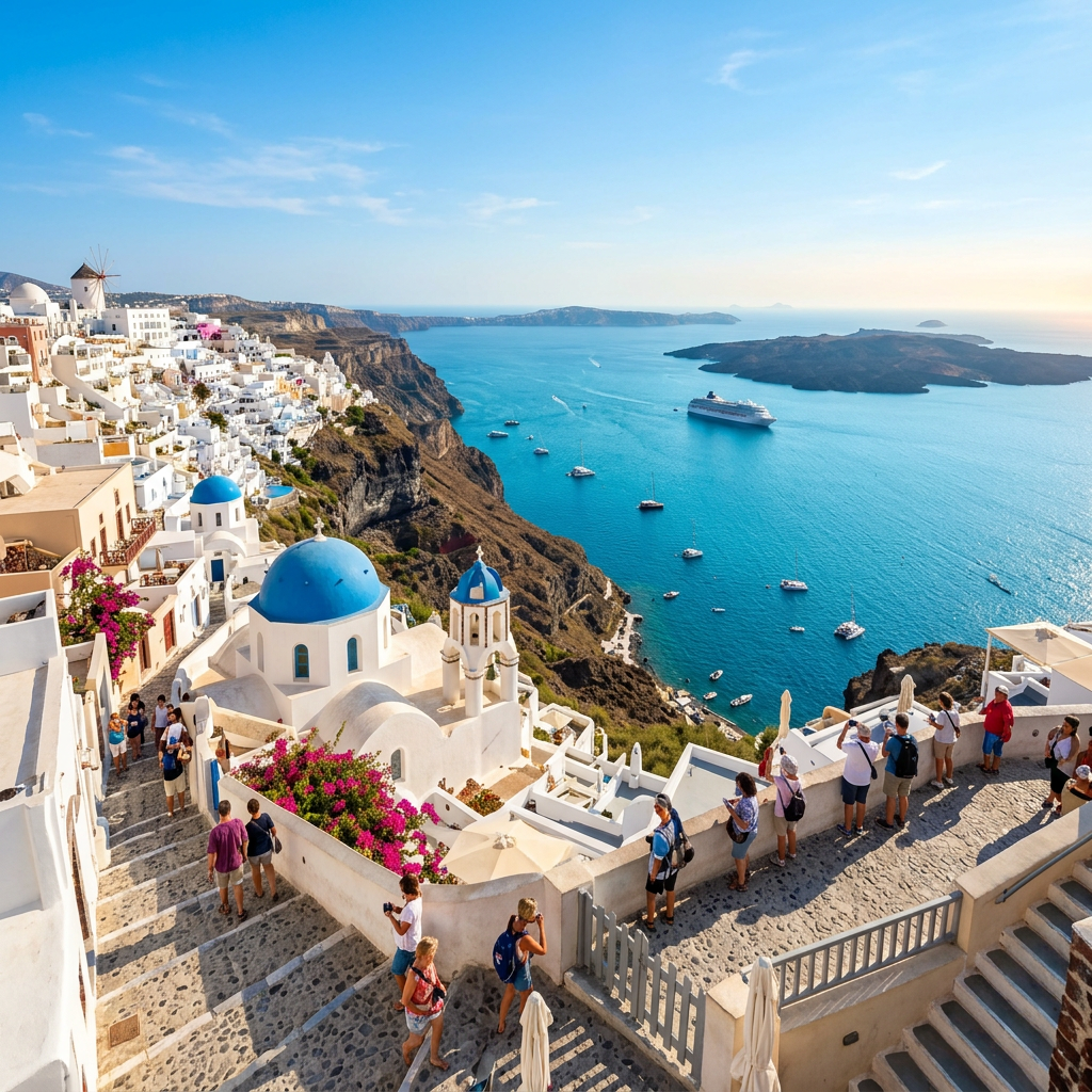 Santorini village overlooking turquoise caldera with boats and cruise ship