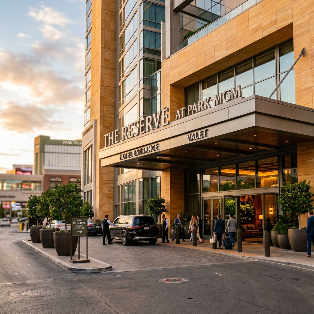The Reserve at Park MGM hotel entrance with guests, valet service, and a parked SUV