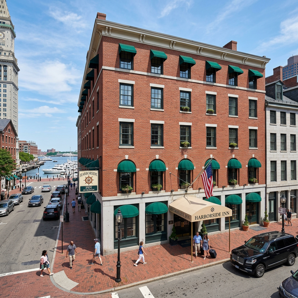 Harborside Inn brick hotel beside a marina and waterfront street
